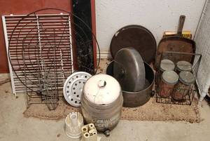 lot 206 image: Wire Shelves, Cast Iron Skillet, Pot, White Swan Iced Tea Dispenser, Wire Jar Carrying Basket