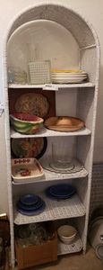 lot 202 image: Wicker Storage Unit and Contents as shown Includes Watermelon Dish, Punch Cups
