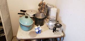 lot 205 image: Folding Table and Contents Including Pressure Cooker, Coffee Pots, Teal Cast Iron Pot