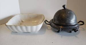 lot 190 image: Royal Ironstone China Alfred Meakin Ltd England Square Dish, and Silver Plate Co Domed Butter Dish