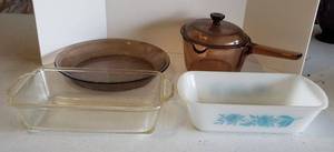 lot 196 image: Fire King 1 Qt Loaf Dish, Milk Glass Loaf Dish with Blue Flowers, Smoky Pyrex Pie Plate, Vision Corning 1 L Dish with Lid
