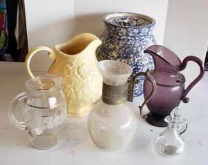 lot 195 image: Vintage Silver Plate Handle Glass Pitcher, Ceramic Beverage Dispenser, Glass Salad Dressing Jar with Spout