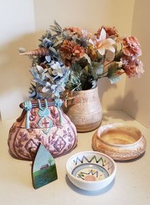 lot 209 image: Hand Painted Wooden Iron, Caleca Hand Painted Bowl, China Purse Cookie Jar, Pottery Bowl and Vase