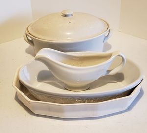 lot 216 image: Octagon Casserole Dish, Oval WCL Bking Dish, Sterling Vitrified China 1950 Gravy Boat, and Hall Stoneware Pot with Lid