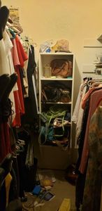 lot 234 image: Contents of Closet, see pictures Includes Leather Jacket size 16 and shoes sizes 8 12 and 9