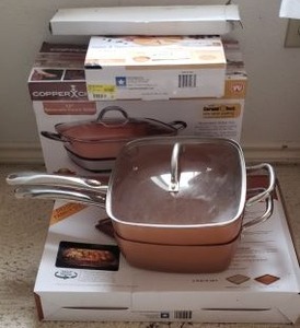 lot 129 image: Copper Chef Cooking Skillets, 12 Removable Electric Skillet, Knife Set, Copper Crisper, Copper Chef Perfect Cake Pan (some in Original Packaging)