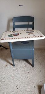 lot 131 image: Small Childrens School Desk, hand-painted desk top with Metal Seat Storage Bin Under Seat and contents (Preschool size)