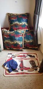 lot 148 image: Cowboy Themed Kitchen Rugs and Large Throw Pillows
