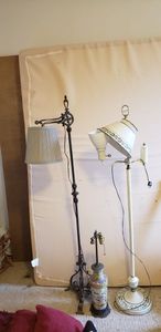 lot 151 image: Vintage Cast Iron Floor Lamp, Asian Style Vase Lamp, and Vintage White Metal Floor Lamp with Gold Painted Accents
