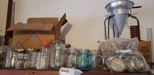 lot 292 image: Mason Canning Jars and Vintage Cone Shaped Strainer Colander on Stand
