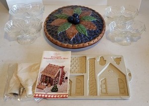 lot 301 image: Japan made Pie Plate with Blueberry Lid, Pampered Chef Gingerbread House Mold Kit, 4 Double Scoop Ice Cream Sundae Dishes