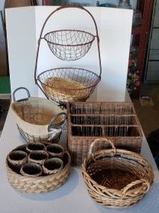 lot 303 image: Kitchen Wire Baskets, Wicker Organizer, Wicker Cup Holder and Baskets as shown