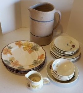 lot 312 image: Franciscan Dinnerware Plates October Set of 4, Franciscan Plates, Bowls and Creamer Set, Marshall Pottery Pitcher Unsigned
