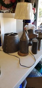 lot 315 image: Punched Tin Lamp (needs Repair) and Lamp Shades, Tin Boxes, Metal Decorative Bowl and Ikea Desk Lamp, see Pictures