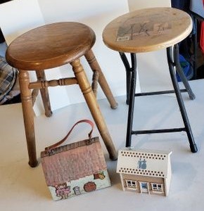 lot 316 image: 2 Wooden Stools and Vintage Wooden Box and Wooden Music Box (Tag says it plays Everything Is Beautiful