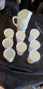 lot 326 image: Milk Glass Pitcher 10 Tall and Set of 8 Tumblers 6 Tall