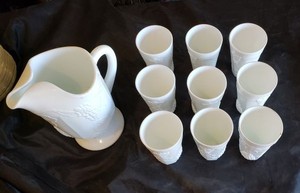 lot 321 image: Milk Glass Pitcher 11 Tall and Set of 9 Tumblers 6 Tall