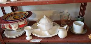 lot 329 image: Santa Mugs and Cake Plate Set, Ceramic Soup Tureen with Ladle and Veggie Tray and More as shown