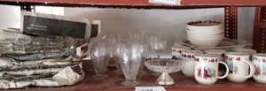 lot 323 image: Plate, Bowl and Mug Set with Farm Scene, Set of Clear Glass Flower Design Plates and More Misc. Glassware
