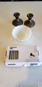 lot 334 image: Variera Metal Dish HolderDrier, White Candy Dish, Pair of Amston Sterling Silver Taper Candle Holders