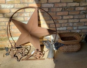 lot 355 image: Texas Star Metal Sign, Flag Pole Holder, Metal Angel and Wicker Basket
