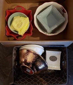 lot 270 image: Ceramic Tea Cannister, Christmas Bowl, Matching Blue Dishes, and Bowls, see Pictures Some Items still have Stickers