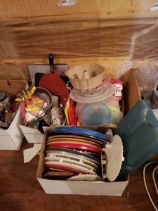 lot 8 image: Hand Mixer, Cast Iron Tree Mold Skillets, Plastic Kitchen Items, Cookie Sheet and More