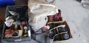 lot 450 image: Reloaders lot, Lead Shot bags 4, 6, large amount Empty Shotgun Shells,  and Wads White AA Flyer Discs, and 5 pound canister of  Red Dot Gun Powder