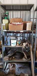 lot 412 image: Contents of Shelves, including Hand Pump Sprayers one metal, Soaker hose, miter saw guide and more
