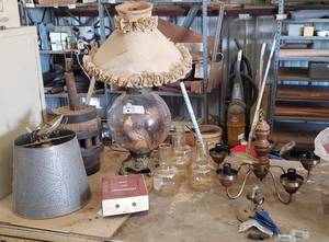 lot 460 image: Vintage Lamp with Quail Inside and Ruffled Shade, Clip on Book-Lite, and More