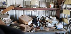 lot 384 image: Lights and Electrical Contents of Shelf, Table and Under Table. Includes Light Fixtures and More