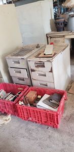 lot 467 image: 2 Small Storage Cabinets and Bins with Office Supplies and Books