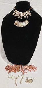 lot 747 image: Mother Of Pearl and shell jewelry. 3 pairs earrings, 3 necklaces (one needs restrung or used as beads)