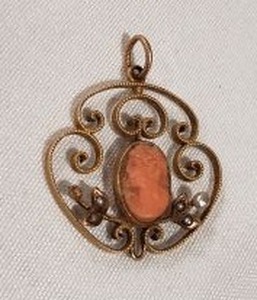 lot 731 image: Victorian antique Silesian wirework pendant with cameo and seed pearls (missing one pearl left side). Unmarked but probably gold filled. Needs cleaning