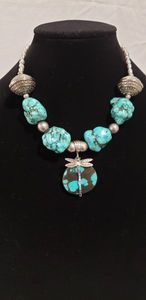 lot 736 image: Large Sterling chunky turquoise, Sterling bead and Keshi pearl statement necklace. 16L Toggle clasp. Marked Sterling on clasp and dragonfly pendant. Also marked on edge of round turquoise frame
