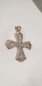 lot 645 image: MJ (MJ Enterprises 1977-present) oversize cross with aurora borealis crystals and magnetic clasp. Marked MJ3H