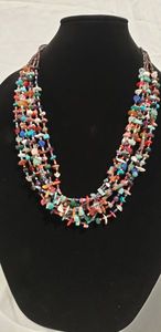 lot 652 image: Multi stone 7 strand bead necklace, coral, blue lapis, blue turquoise, Mojave green turquoise, amethyst, snowflake obsidian and more, 26L (longest strand), 22L (Shortest strand)