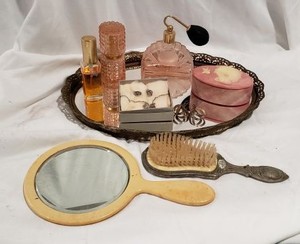 lot 800 image: Perfume and Mirror Set with Avon Jewelry Set, Mexico 925 marked Earrings and Robert Nemith Incolay Trinket Box