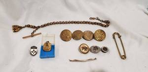 lot 802 image: Antique Pocket Watch Chain, Military Buttons and Pins