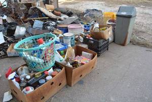 lot 541 image: Tin Trash Bin with Swinging Lid, Paint Cans and Car Cleaning Supplies and much more
