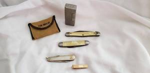 lot 801 image: Two Ivory looking Pocket Knives (One has broken Blade), and Dunhill Lighter and Elgin American Lighter