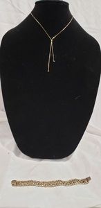lot 695 image: Vintage Eton gold filled bracelet (missing clasp) and signed Park lane 14K GF necklace and matching earrings with green stones.�