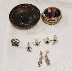 lot 855 image: Birthstone Boy and Girl and Sterling Silver Pendants in Round Jewelry Box, Small Handmade Copper Dish signed