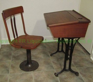 lot 1 image: Antique Chandler student desk and matching chair solid wood top cast iron base