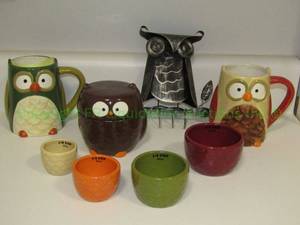 lot 35 image: Assorted ceramic owl cups and more as shown