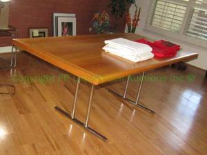 lot 48 image: European style extension leaf dining table, wood top metal base, 70 x 38 x 29