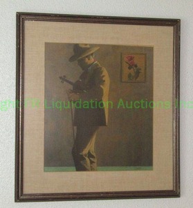 lot 88 image: Artist signed framed print cowboy carrying fiddle 20 x 22