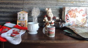 lot 8 image: Christmas lot- ceramic Santa flowerpot, gift bags, light angel, general store cookie jar holiday novelty gingerbread plate NIB