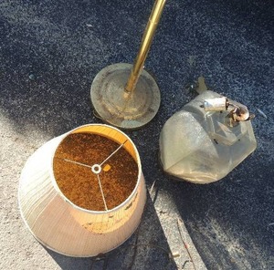 lot 268 image: Glass lamp and shade needs repair 17 tall floor lamp with shade needs repair 40 tall