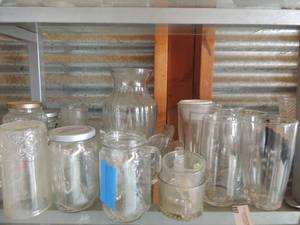 lot 26 image: Glassware- wine glasses, tall glasses, pressed glass serving bowl, jars